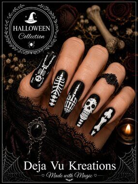 24 Piece Skeleton Bones Press On Long Coffin Nails